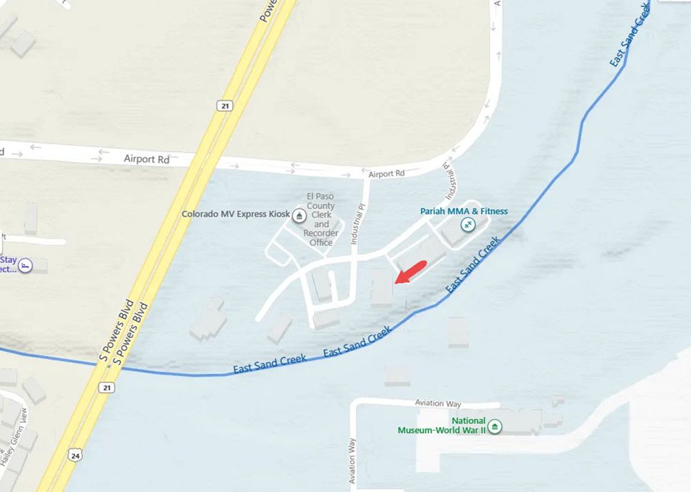 Map showing the workshop location on Industrial Place near Colorado Springs Airport
